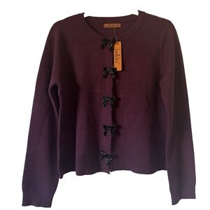 Belldini Plum Embellished Bow Sweater Size Medium Snap Closure Beaded -Purple